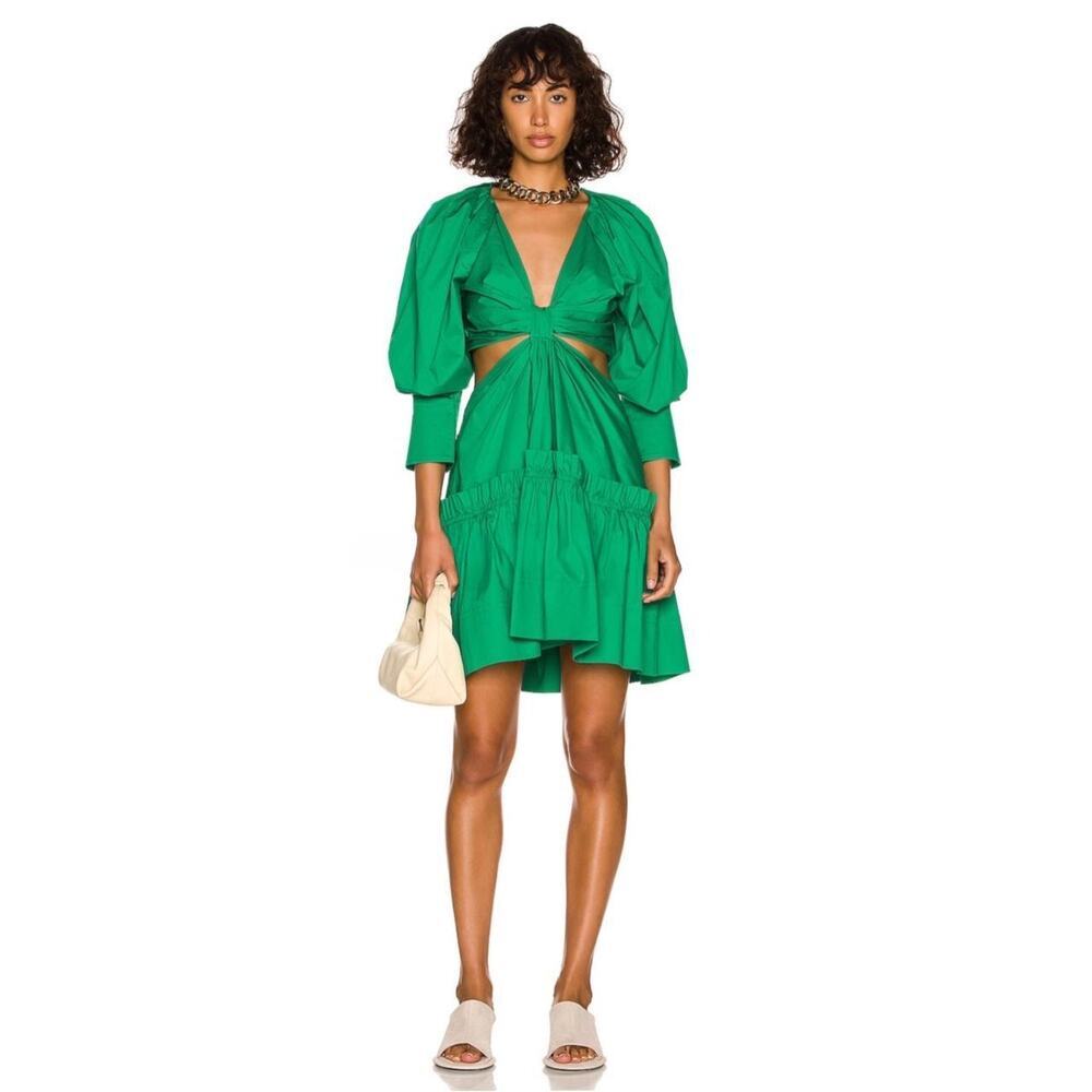Jason Wu Women's Cut Out Mini Cocktail Dress V Neck Knotted Tiered Ruffle Poplin